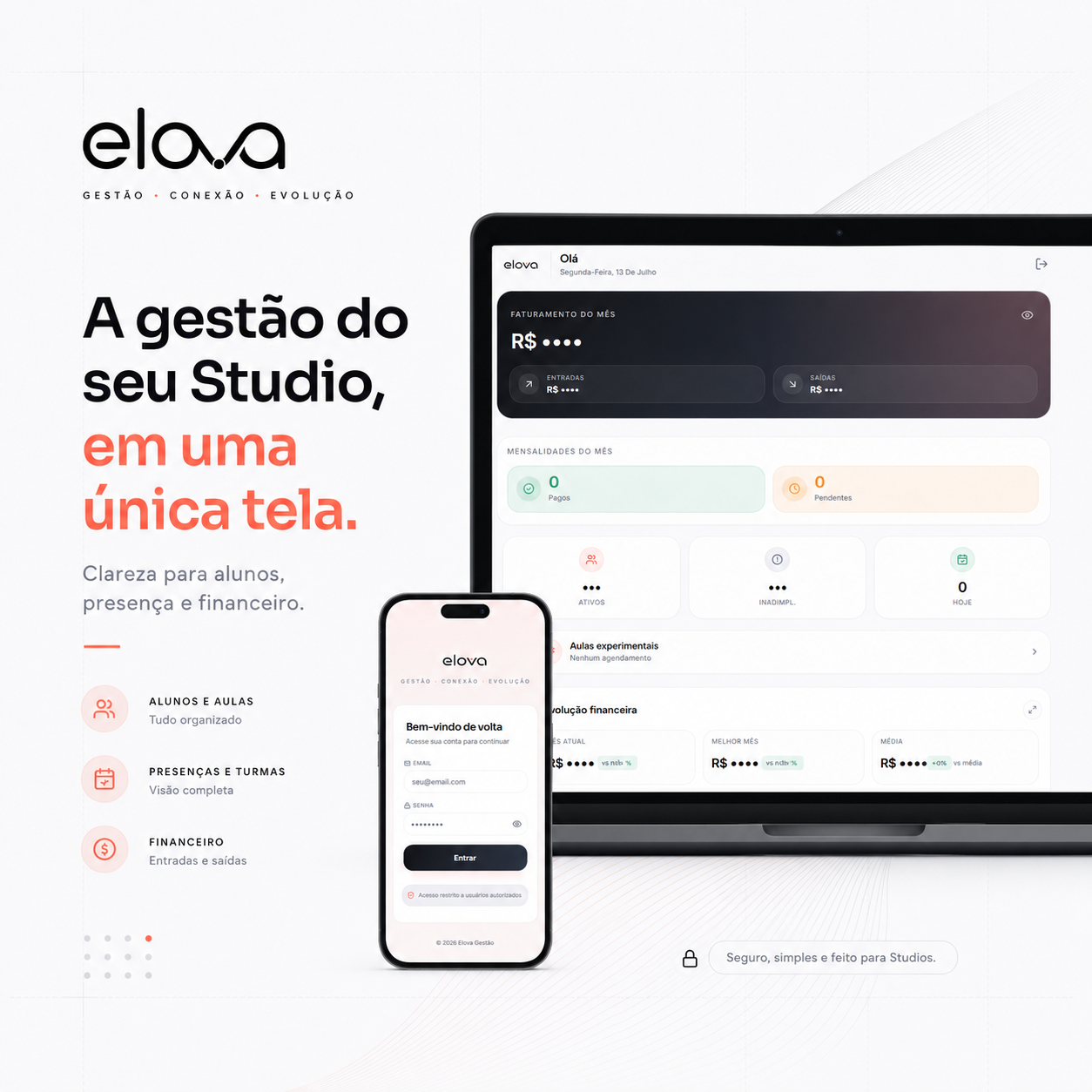 Plataforma Elova exibida em desktop e mobile